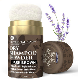 Nuva Botanicals front packaging showing dark brown dry shampoo travel size and benefits