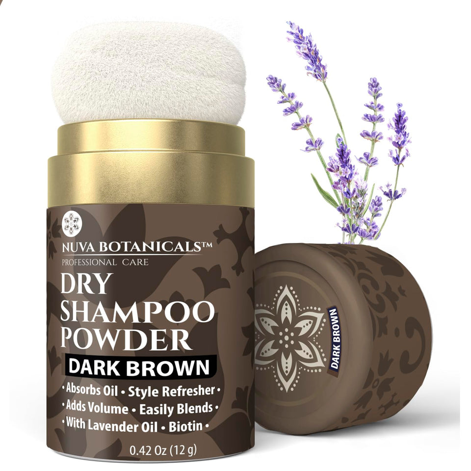 Nuva Botanicals front packaging showing dark brown dry shampoo travel size and benefits