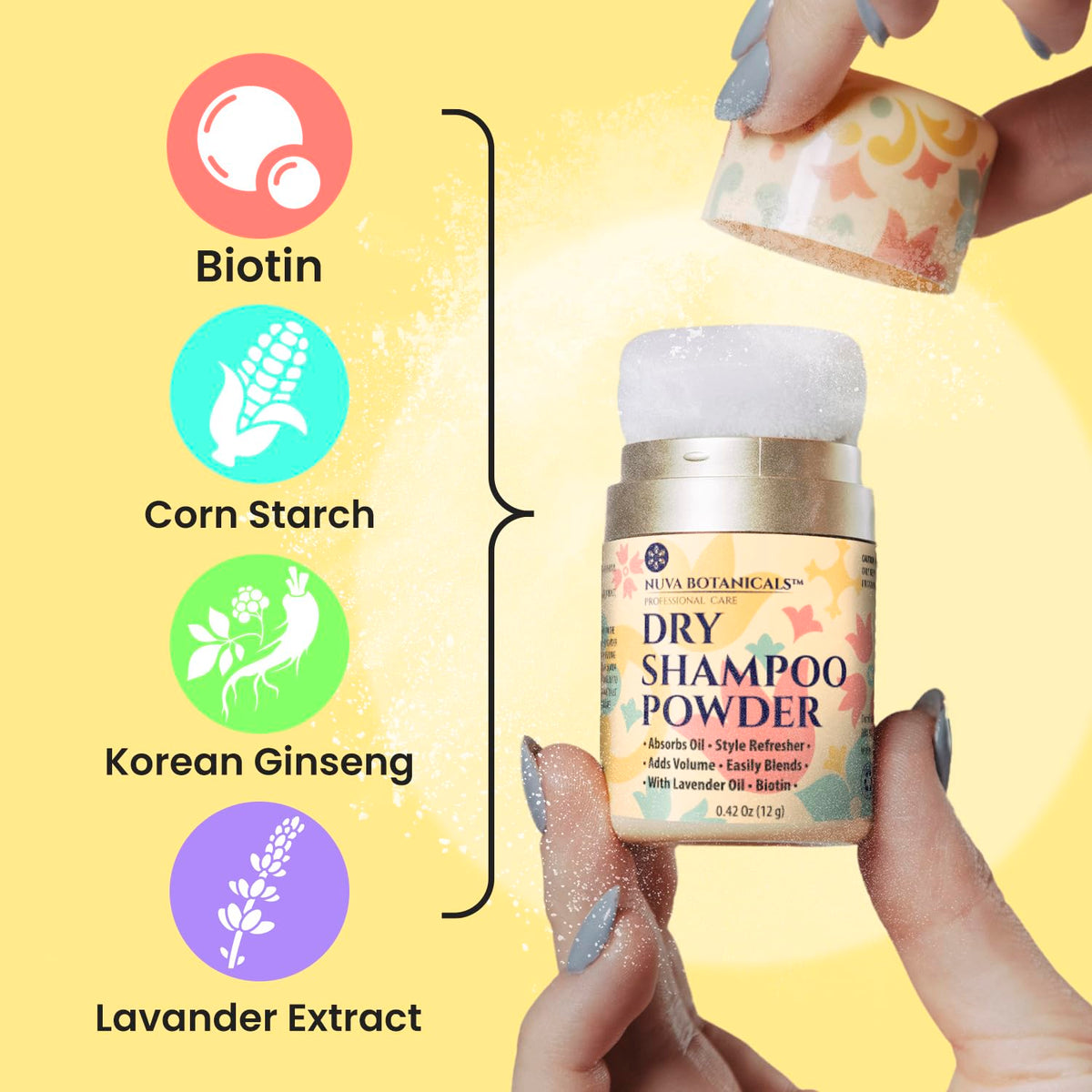 Nuva Botanicals powder texture close-up showing fine starch for fast oil absorption