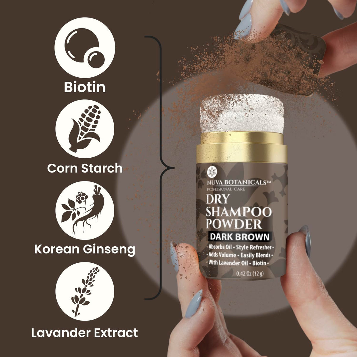 Nuva Botanicals applying powder to roots by hand for quick oil absorption and volume