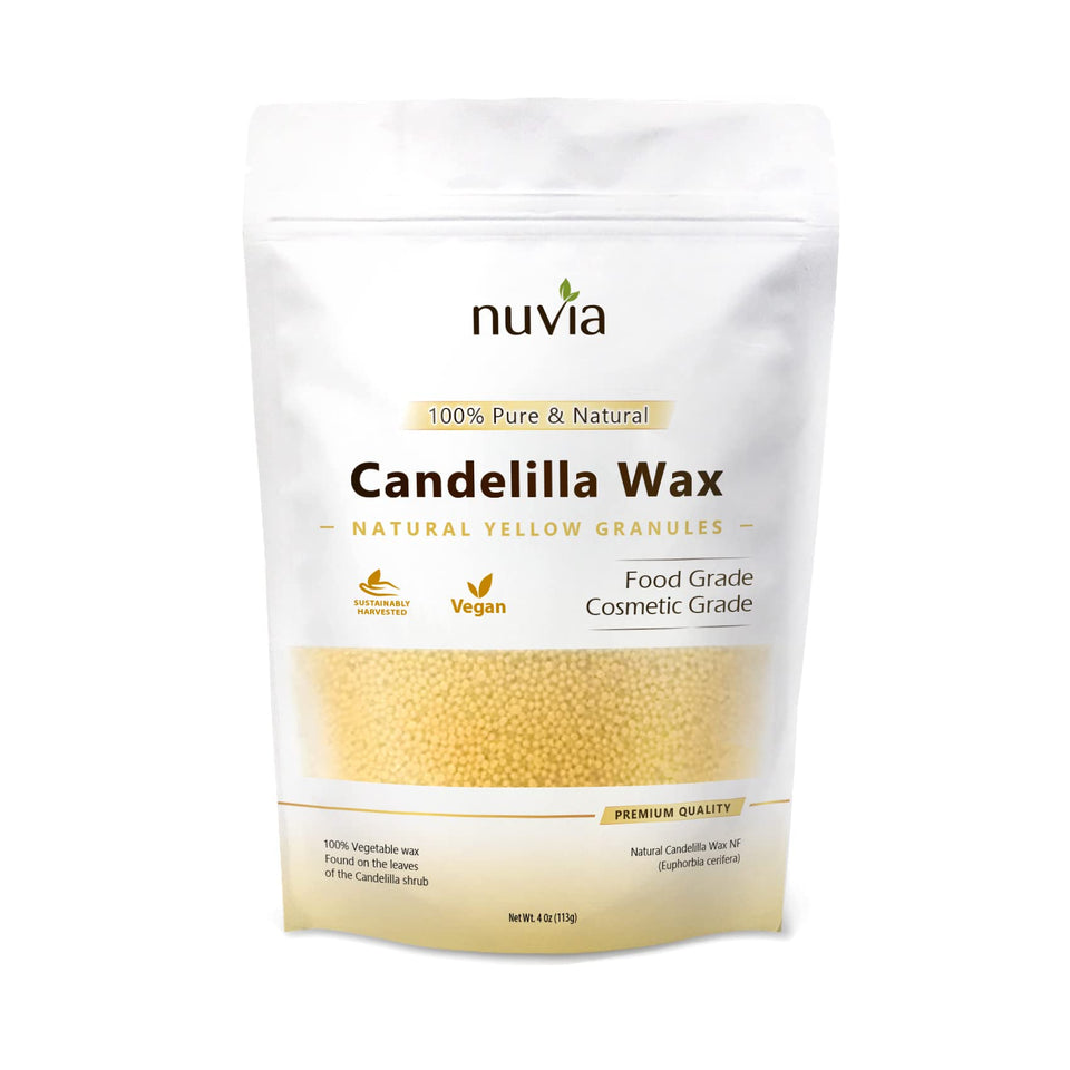 Nuvia Organics candelilla wax front packaging showing granules and clear labeling benefit: easy-measure, vegan ingredient