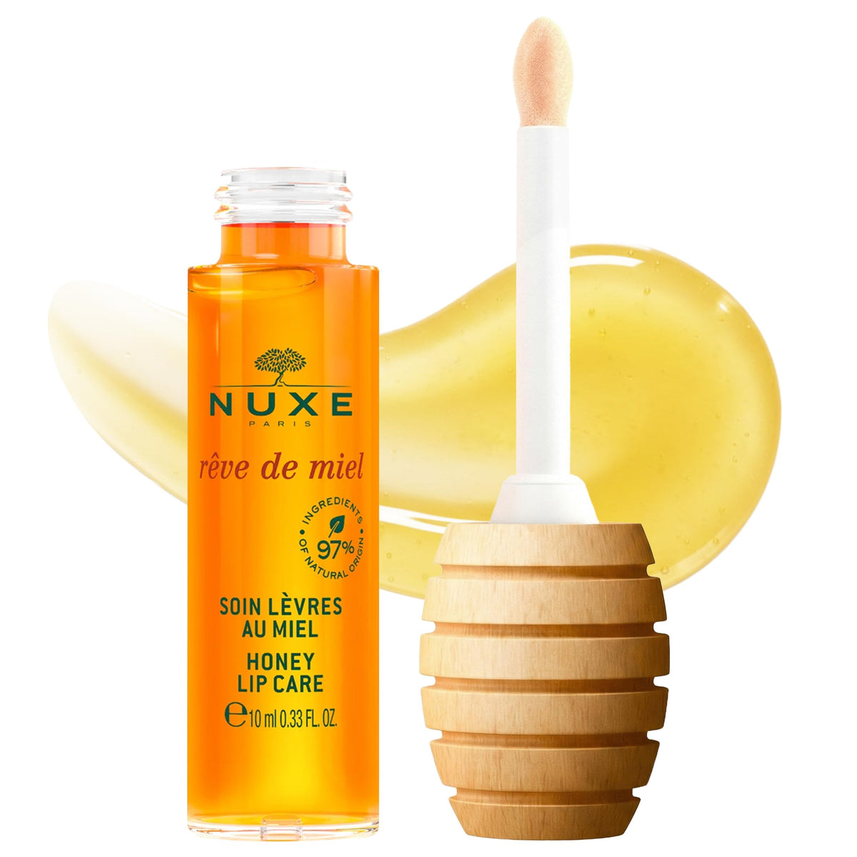 NUXE bottle front view showing elegant packaging and glossy finish benefit