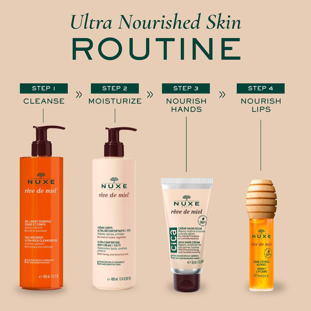 NUXE applied on lips showing satin shine and moisturized appearance benefit