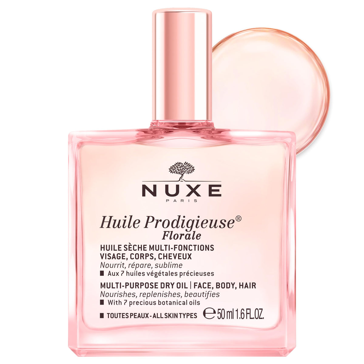 NUXE front bottle showing floral dry oil for glowing skin