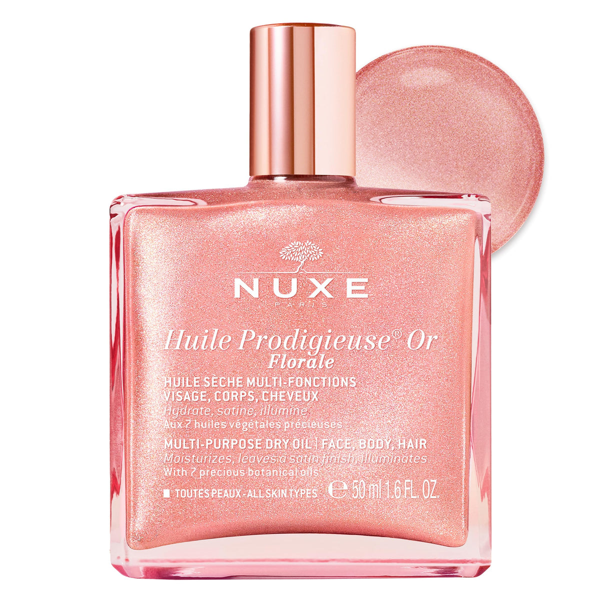 NUXE bottle front packaging showing elegant label and rose gold tint for glow