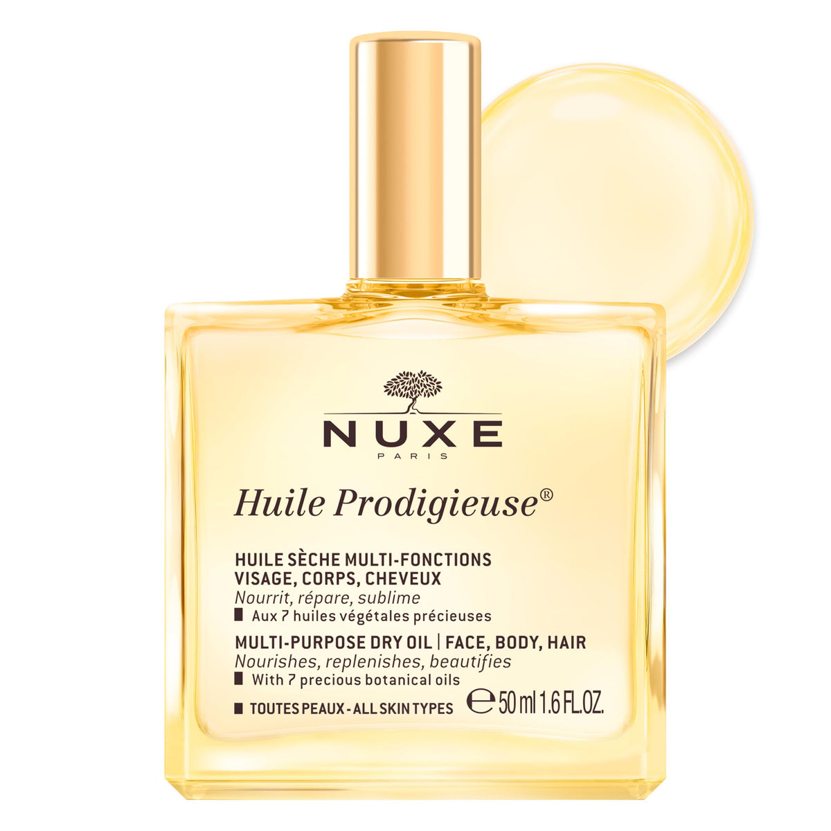 NUXE bottle front view showing elegant packaging and brand glow