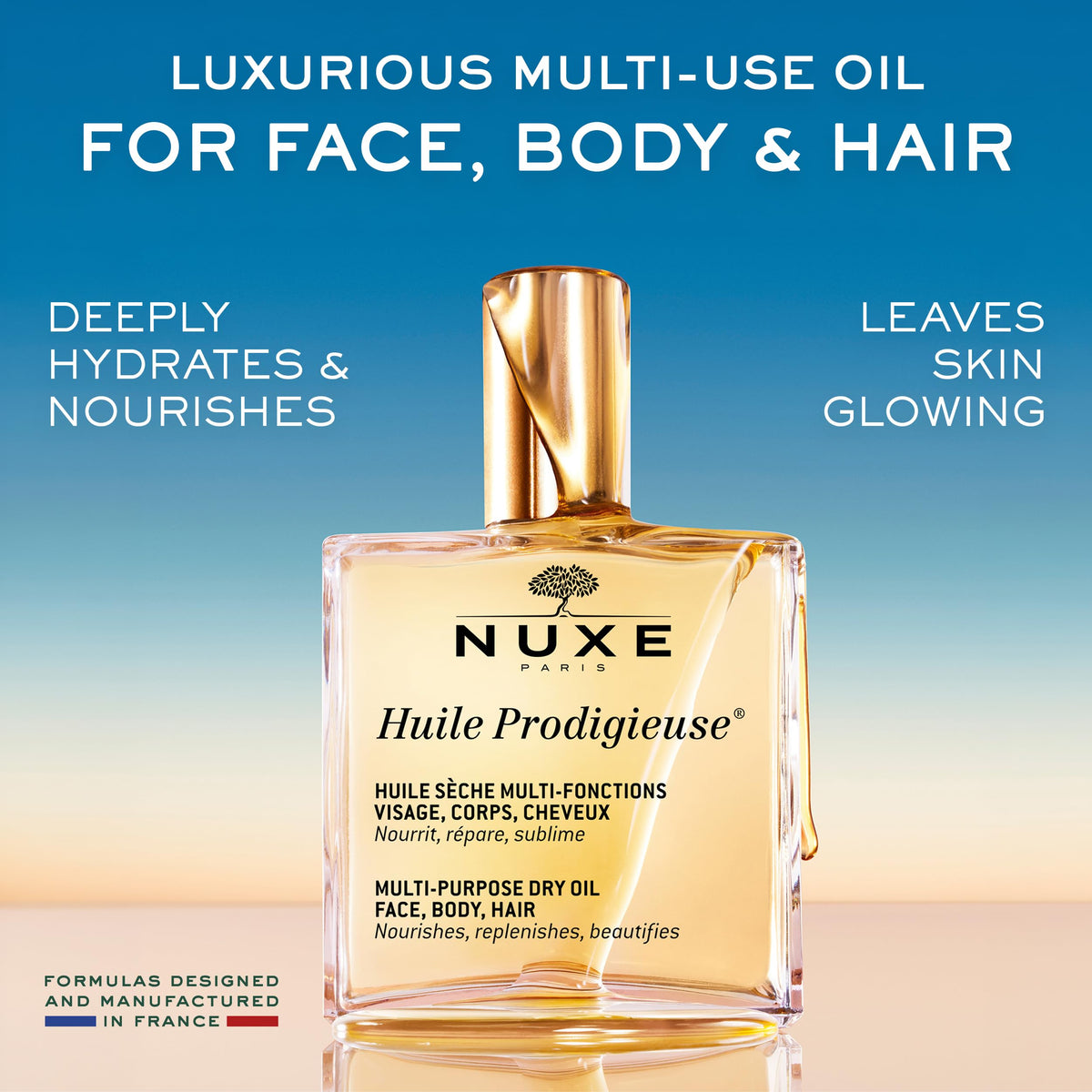 NUXE close-up of seven botanical oils highlighting nourishing benefits