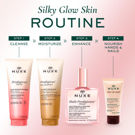 NUXE bottle next to everyday items showing 6.7 fl oz size benefit