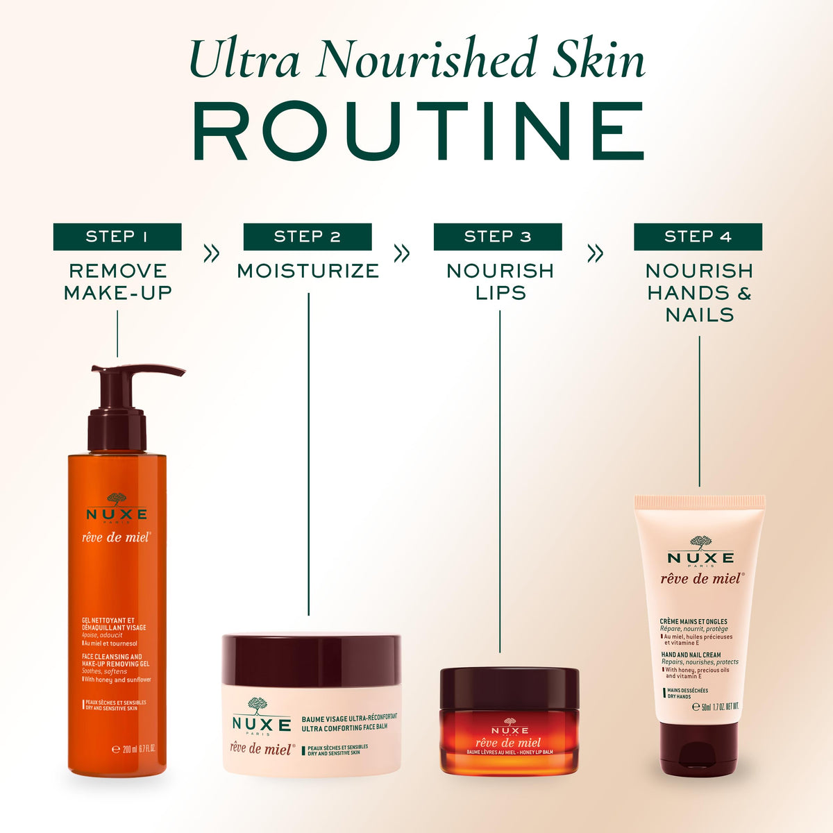 NUXE bottle in hand showing 6.7 fl oz size for travel and routine