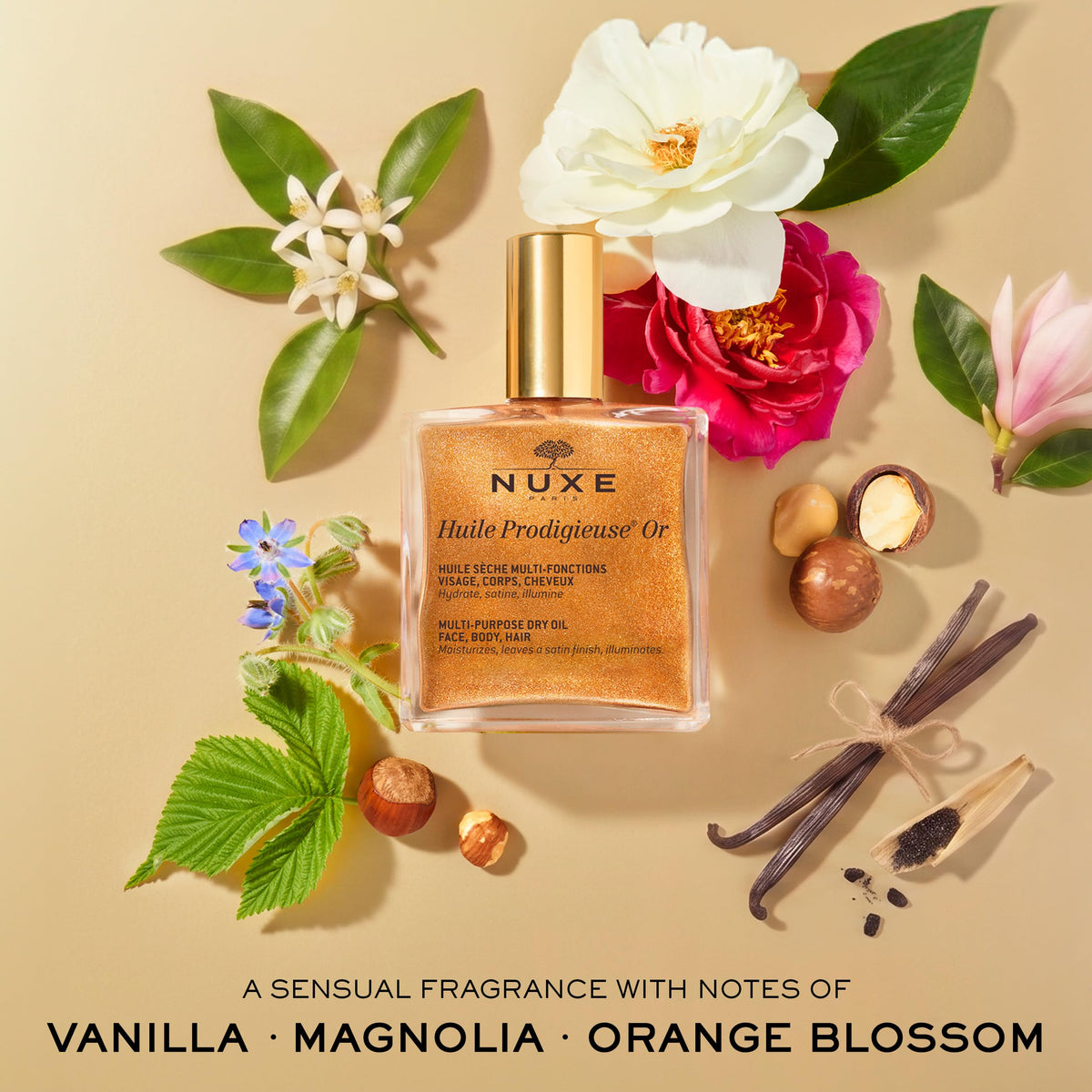 NUXE bottle label detail emphasizing authentic iconic Huile Prodigieuse branding