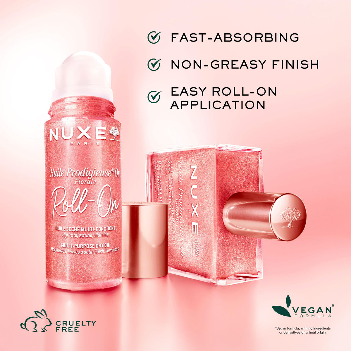 NUXE roll-on applied to cheekbone for targeted glow and moisturized look