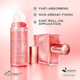 NUXE roll-on applied to cheekbone for targeted glow and moisturized look
