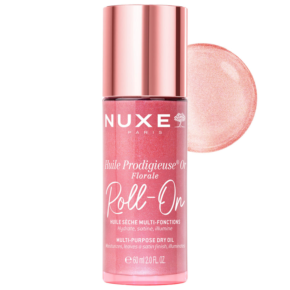 NUXE roll-on front packaging showing compact shimmer oil, travel-ready radiance