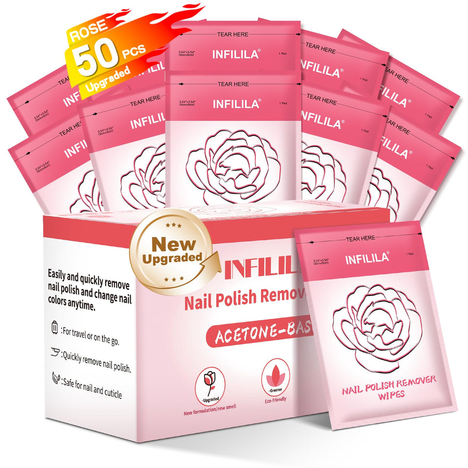 NXJ INFILILA front packaging showing 50 jumbo acetone pads and benefits