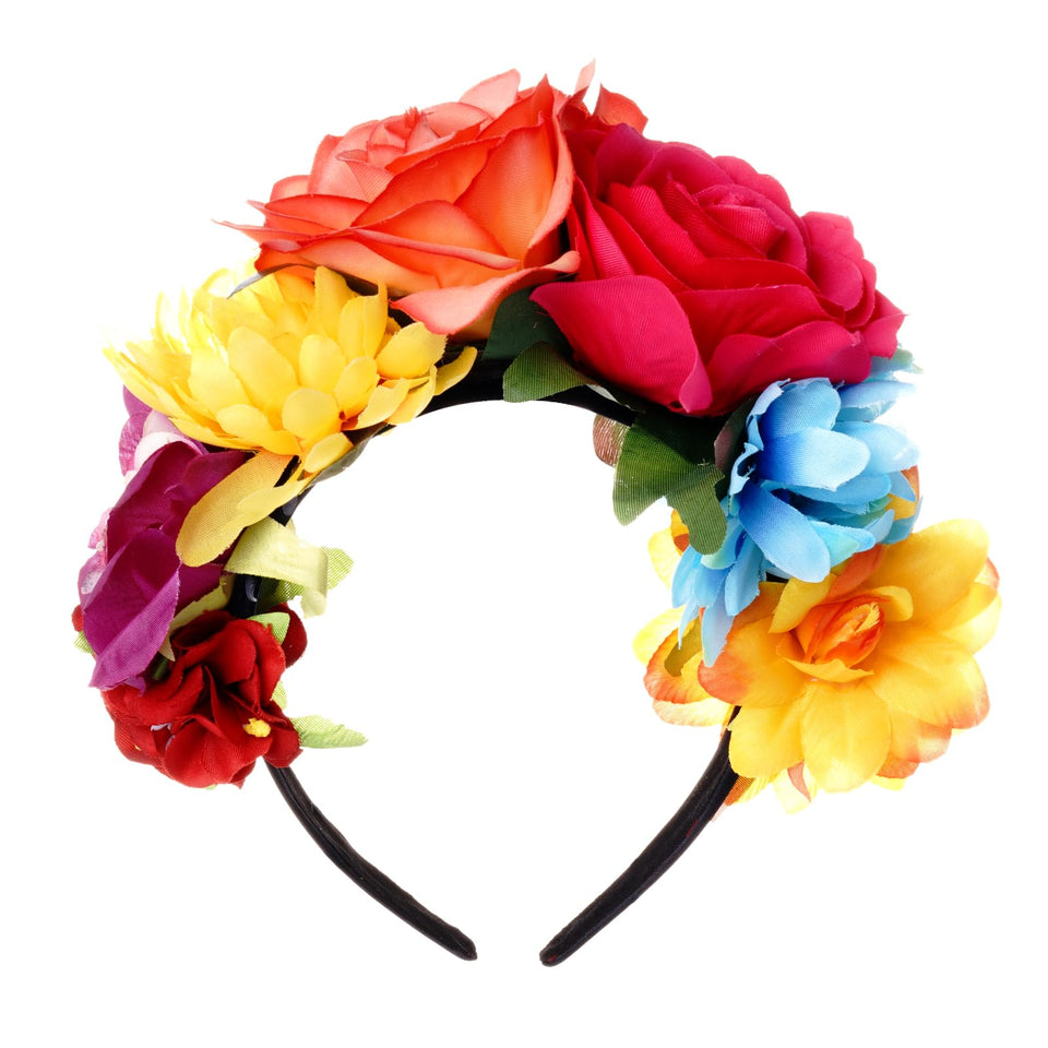 Nydotd front view rose crown headband showing colorful floral impact