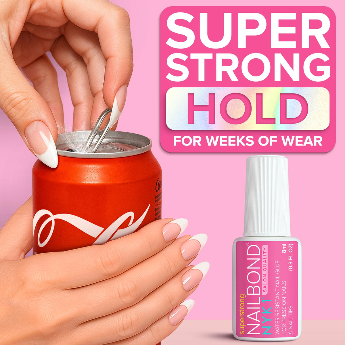 NYK1 being applied to press-on nail in hand for quick, secure adhesion benefit