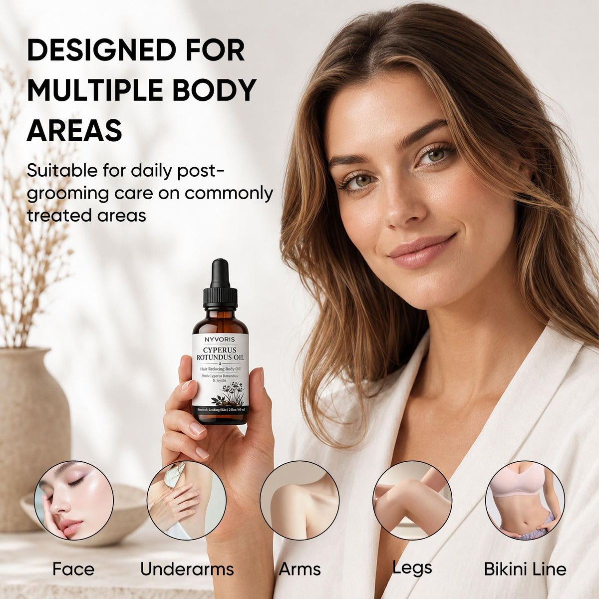 Person applying NYVORIS oil to leg illustrating post-shave soothing and hydration