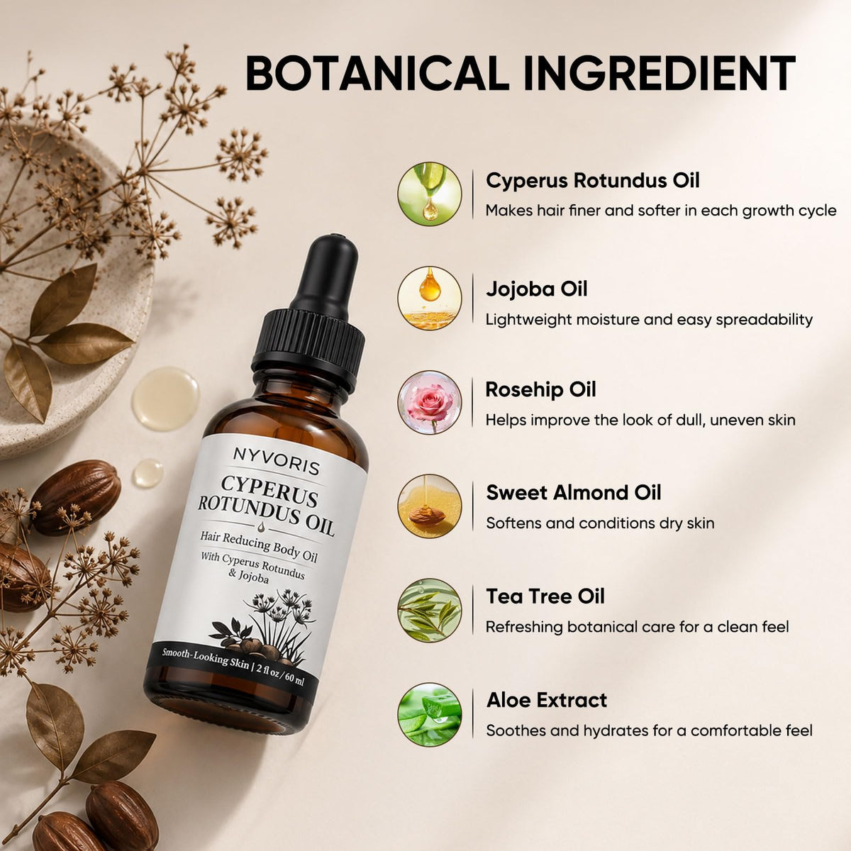 NYVORIS oil texture spread on skin demonstrating a non-greasy, silky finish