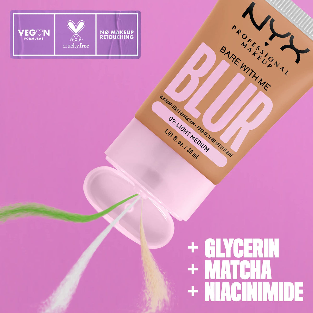 NYX Bare With Me dispensing a drop from the bottle, demonstrating easy application
