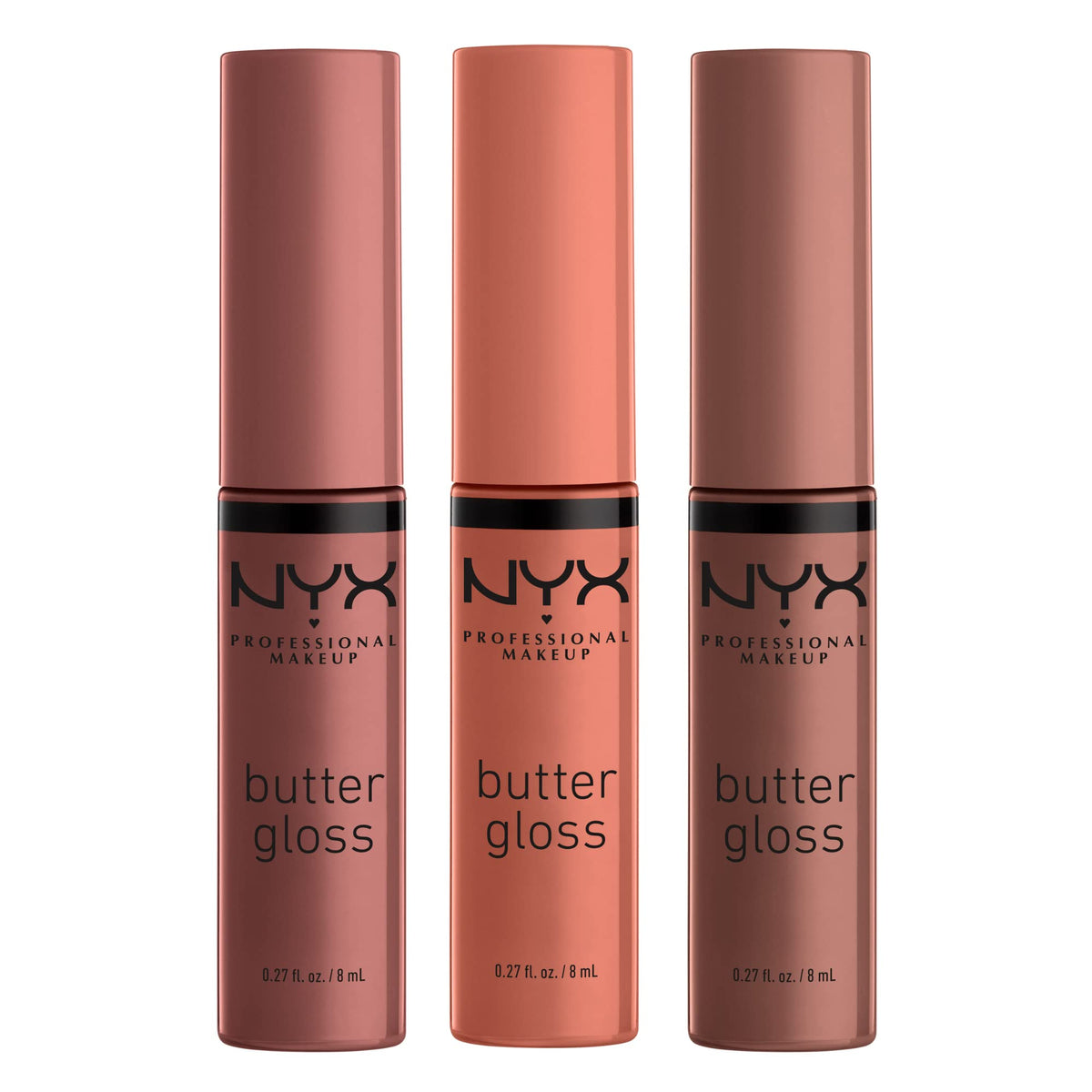 NYX Professional Makeup butter gloss front packaging shows product trio and branding