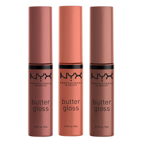NYX Professional Makeup butter gloss front packaging shows product trio and branding