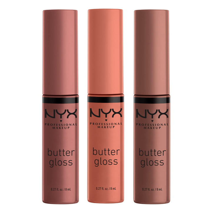 NYX Professional Makeup butter gloss front packaging shows product trio and branding