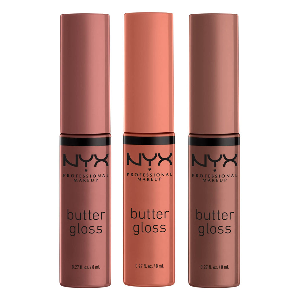 NYX Professional Makeup butter gloss front packaging shows product trio and branding