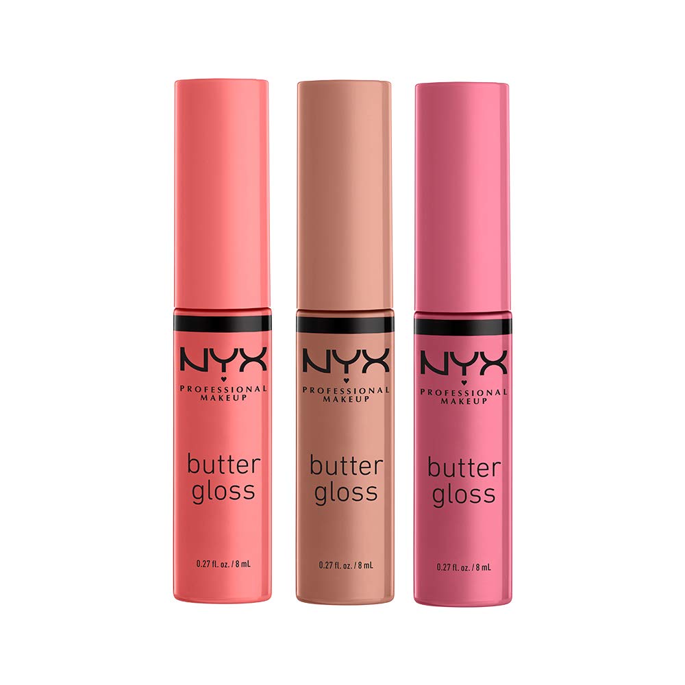 NYX PROFESSIONAL MAKEUP front packaging showing three Butter Gloss tubes for easy selection