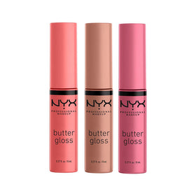 NYX PROFESSIONAL MAKEUP front packaging showing three Butter Gloss tubes for easy selection