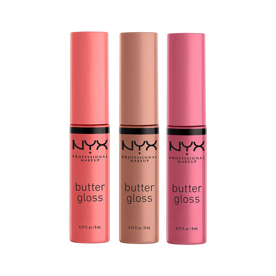 NYX PROFESSIONAL MAKEUP front packaging showing three Butter Gloss tubes for easy selection