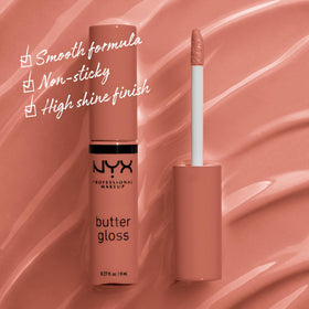 NYX Professional Makeup butter gloss swatches display three brown sugar shades for selection