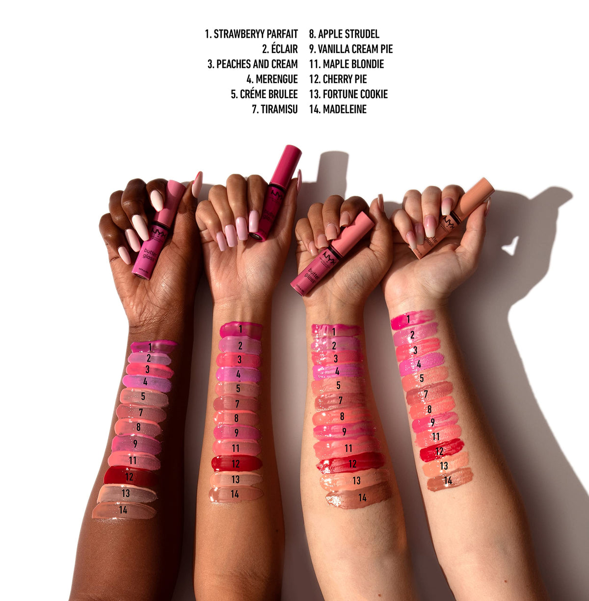 NYX PROFESSIONAL MAKEUP swatches on arm showing three shades for shade comparison