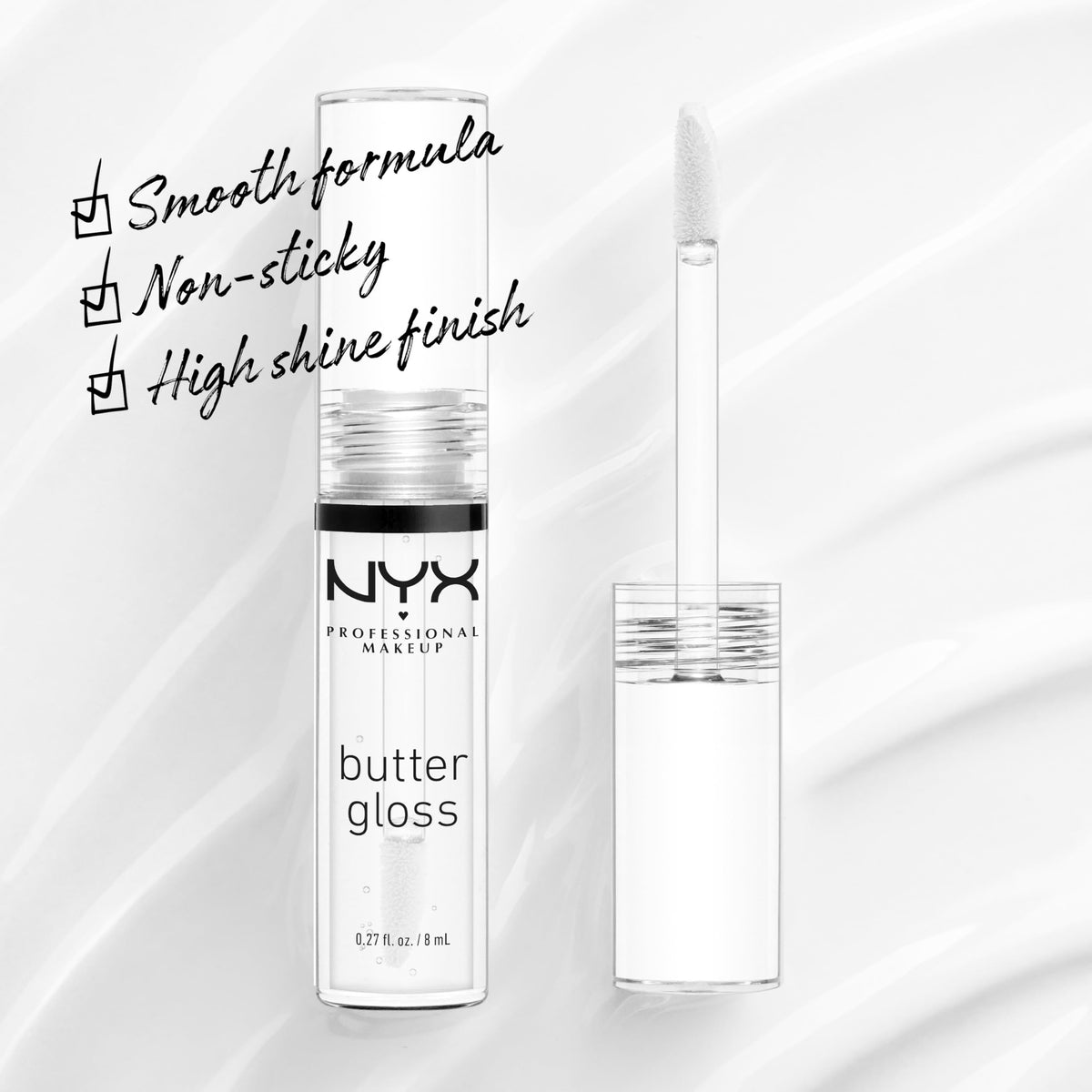 NYX Butter Gloss wand applicator demonstrating doe-foot tip for precise, smooth application