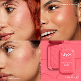 NYX PROFESSIONAL MAKEUP brush picking up blush demonstrating easy application