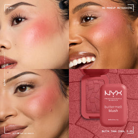 NYX Professional Makeup brush swiping Buttermelt Blush, even application and strong pigment payoff