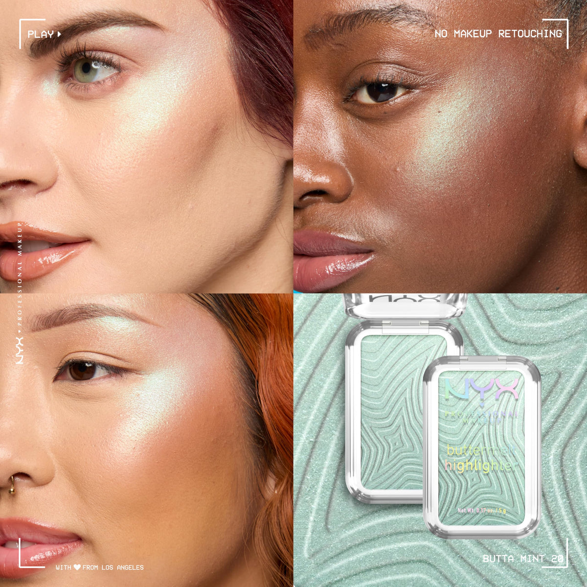NYX PROFESSIONAL MAKEUP application on cheek demonstrating mint highlight and natural dimension