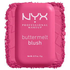 NYX PROFESSIONAL MAKEUP front pan of Buttermelt blush showing shade and finish benefits