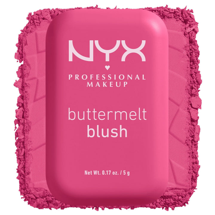 NYX PROFESSIONAL MAKEUP front pan of Buttermelt blush showing shade and finish benefits