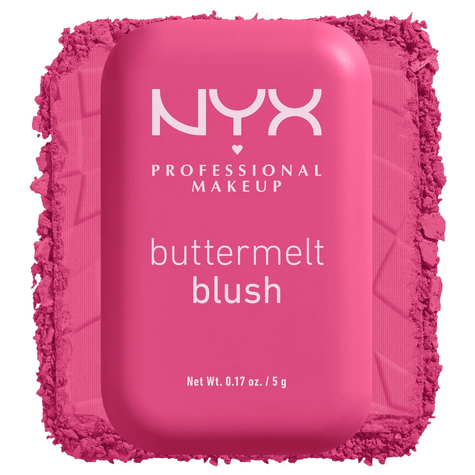 NYX PROFESSIONAL MAKEUP front pan of Buttermelt blush showing shade and finish benefits