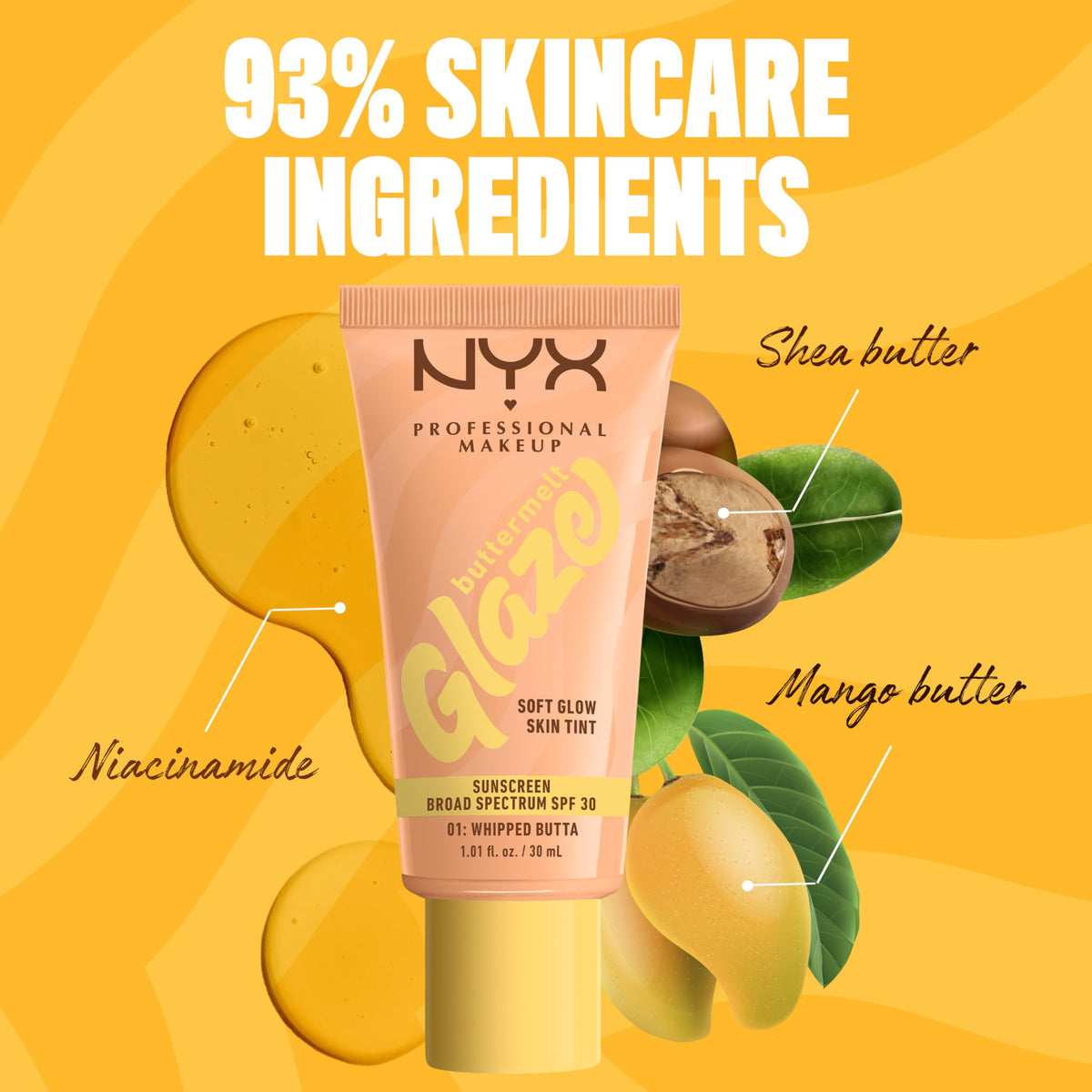 NYX Buttermelt Glaze tube label close-up highlighting SPF 30