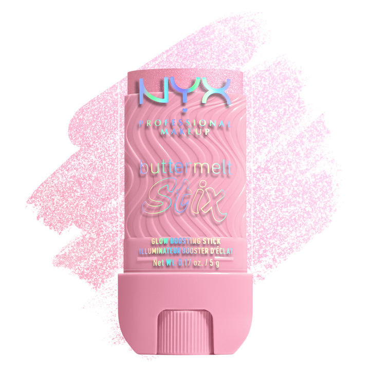 NYX PROFESSIONAL MAKEUP front packaging showing the Buttermelt Glaze Stix benefit for easy grab-and-go glow