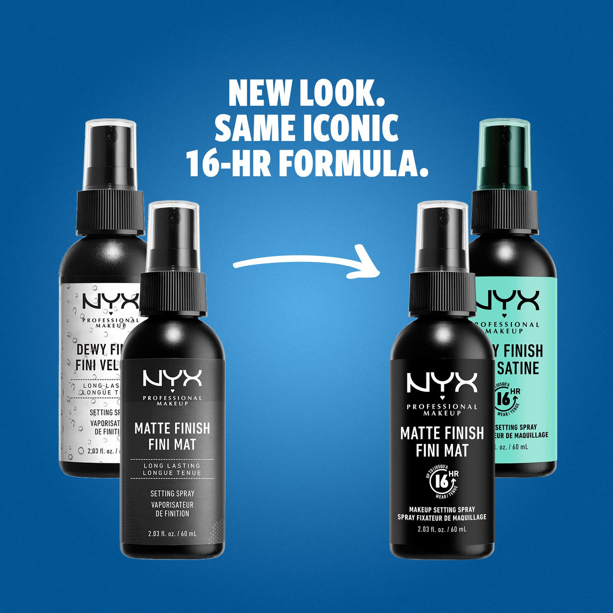 NYX dewy spray front packaging with glossy label highlighting hydrated finish benefit