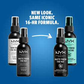 NYX dewy spray front packaging with glossy label highlighting hydrated finish benefit