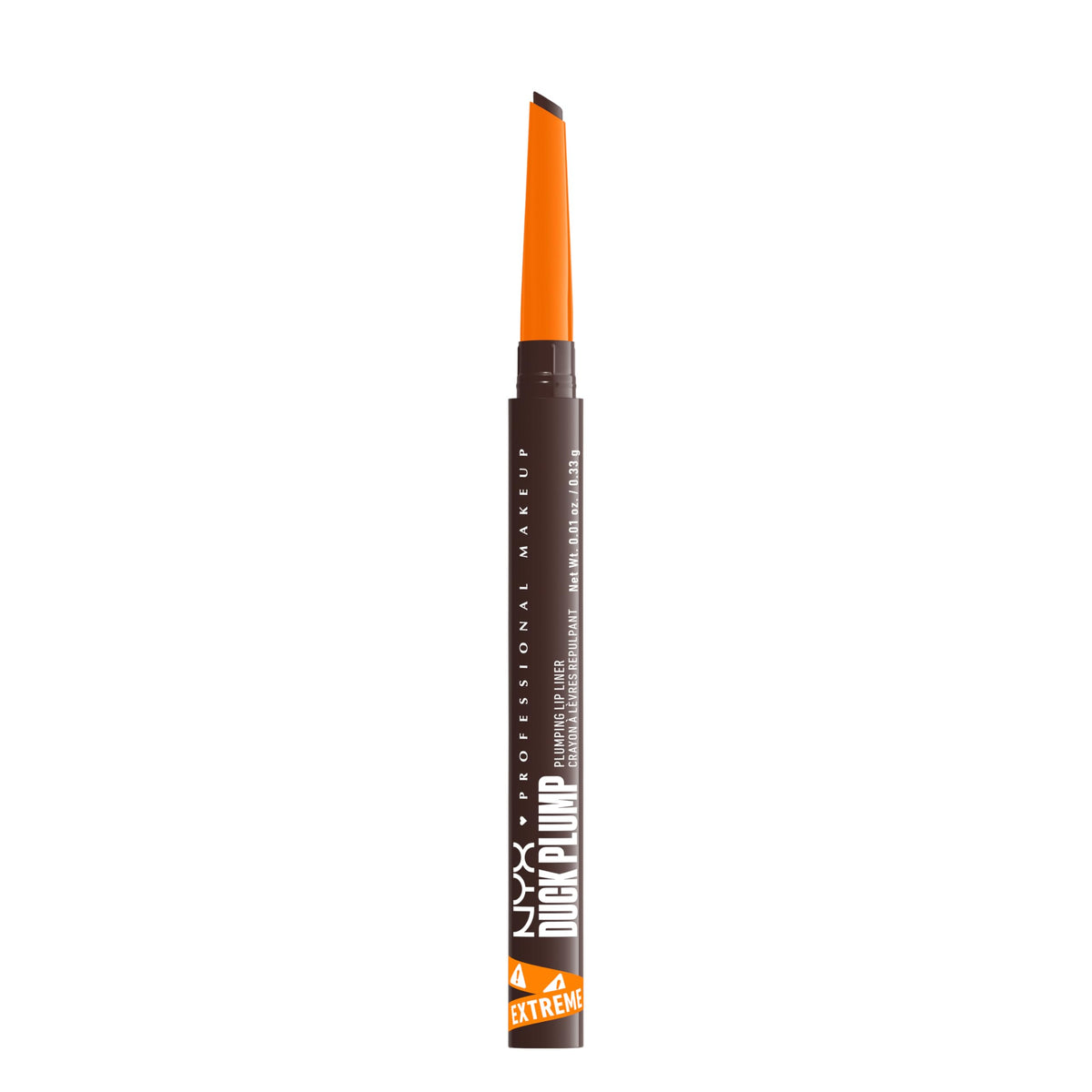 NYX PROFESSIONAL MAKEUP front packaging showing Dark Brown shade and branding benefit long-wear