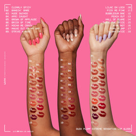 NYX duck plump lip swatch on model, shows natural glossy plump benefit