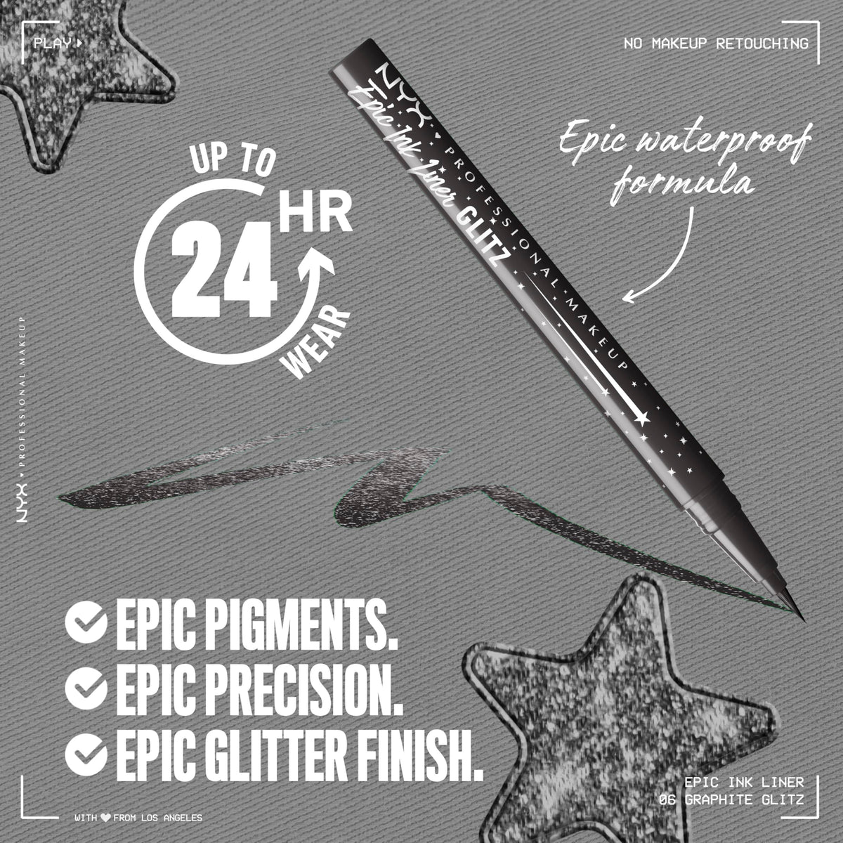 NYX PROFESSIONAL MAKEUP Epic Ink Glitz Liner brush-tip closeup reveals precise applicator for control