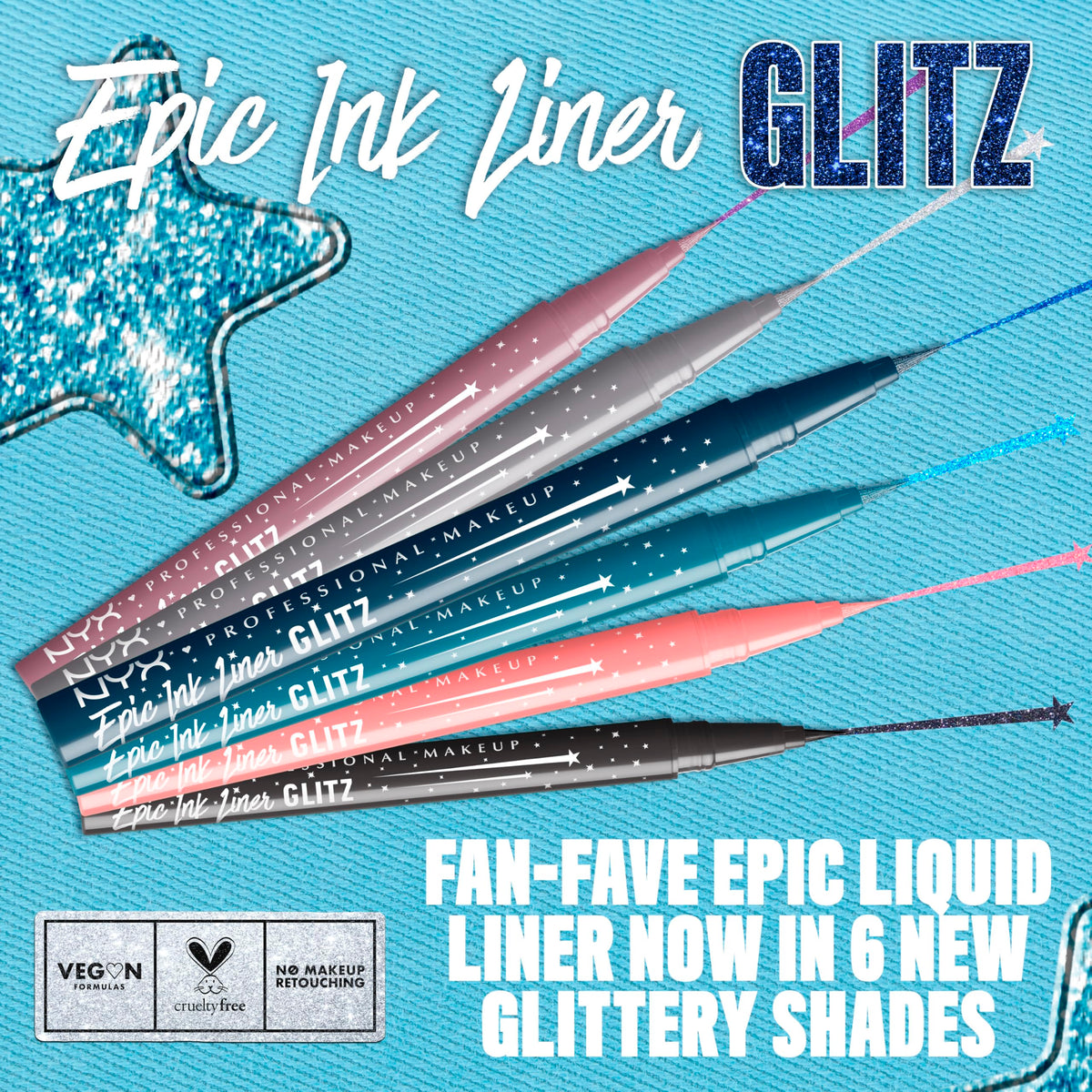 NYX PROFESSIONAL MAKEUP Epic Ink Glitz Liner swiped stroke shows dense graphite shimmer payoff