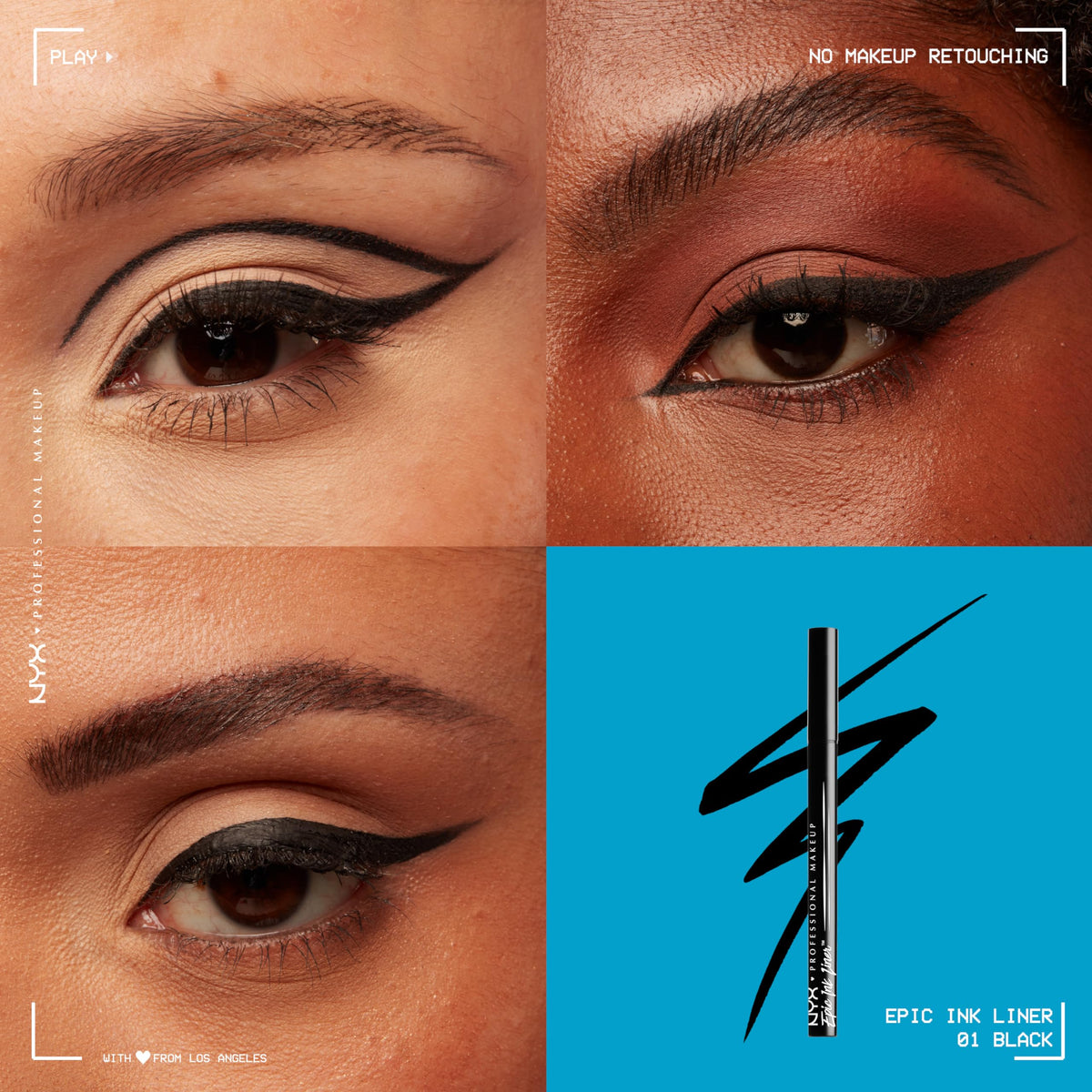NYX PROFESSIONAL MAKEUP single-stroke swatches showing intense matte-black payoff