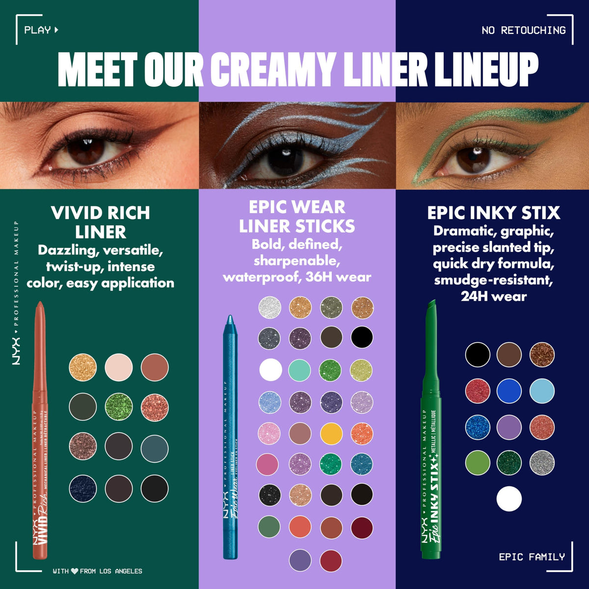 NYX PROFESSIONAL MAKEUP lineup of Epic Inky Stix shades illustrating color variety