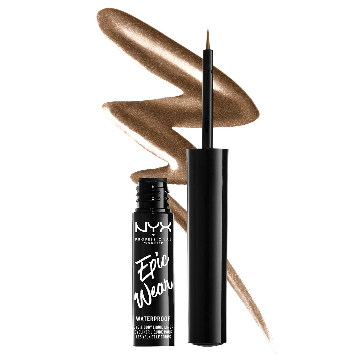 NYX PROFESSIONAL MAKEUP front packaging showing brown metal liner, clear product identity and benefit